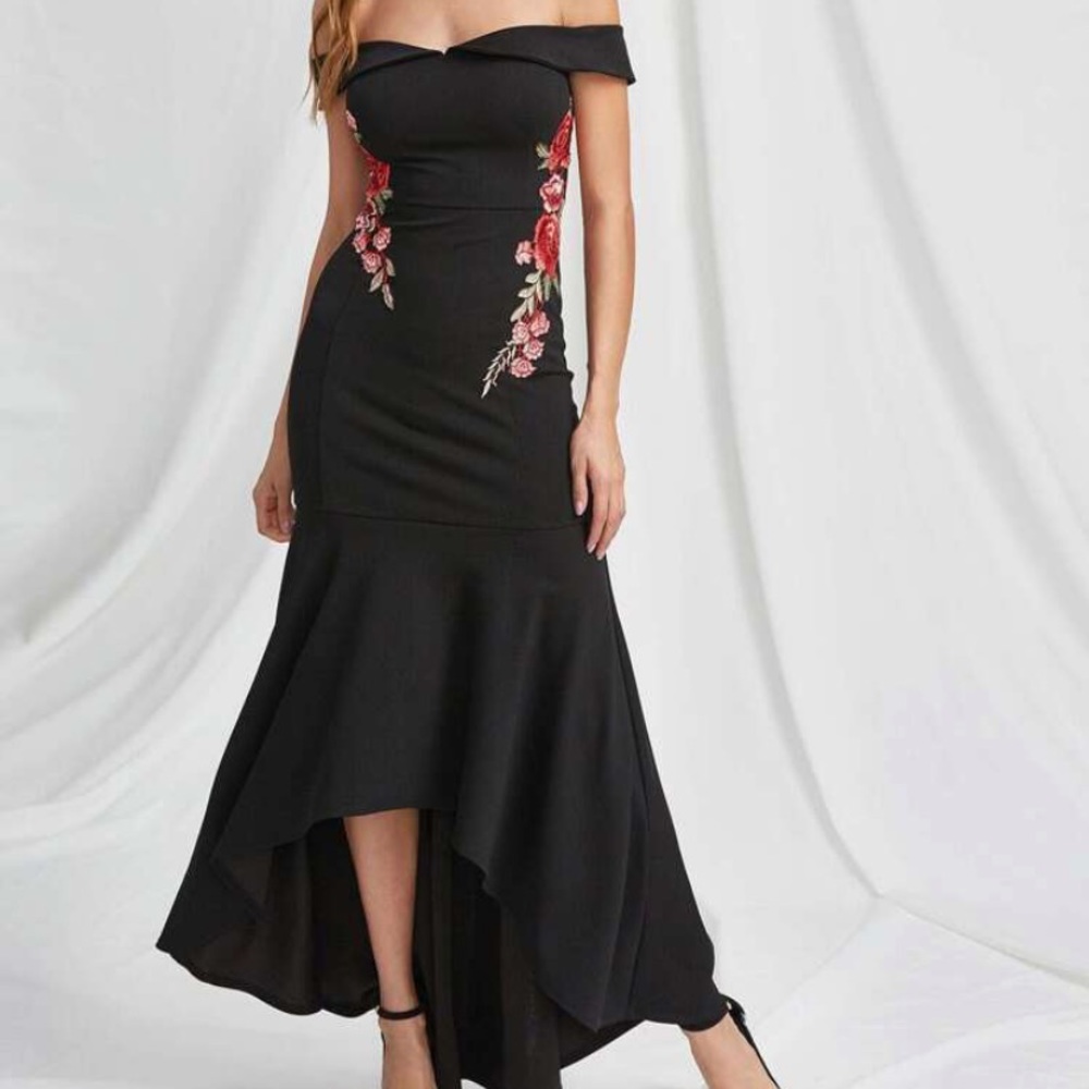 Black Rose Embroidered Off Shoulder Ruffle Dress